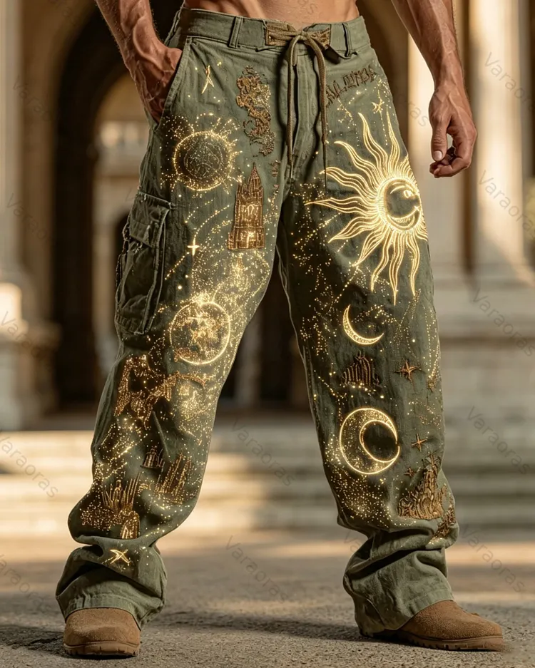 Men's Summer Fashion Star and Moon Print Embroidered Casual Linen Trousers 7200