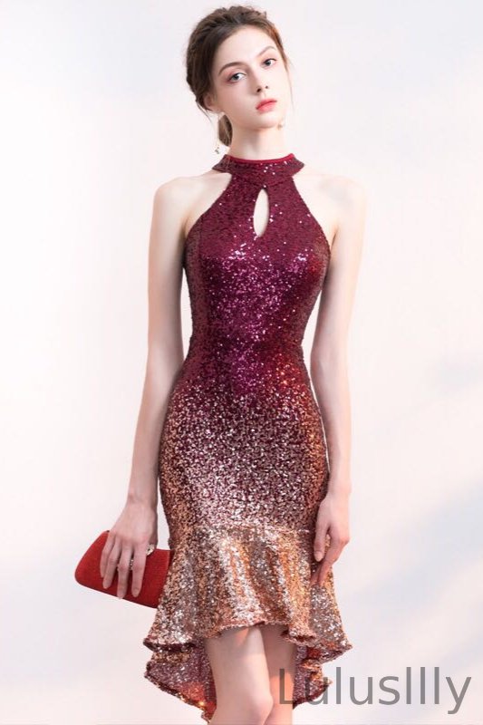 Gorgeous Halter Sequins Prom Dress Hi-Lo Ruffles Evening Gowns - lulusllly