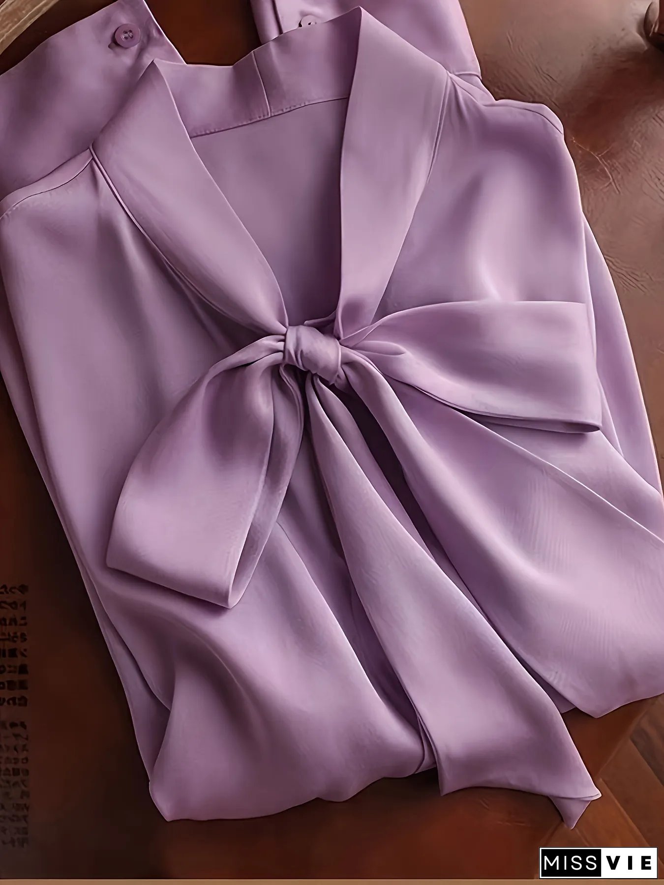 Womens Light Purple Satin Long Sleeve Blouse with Front Bow Detail Casual Classic Collar