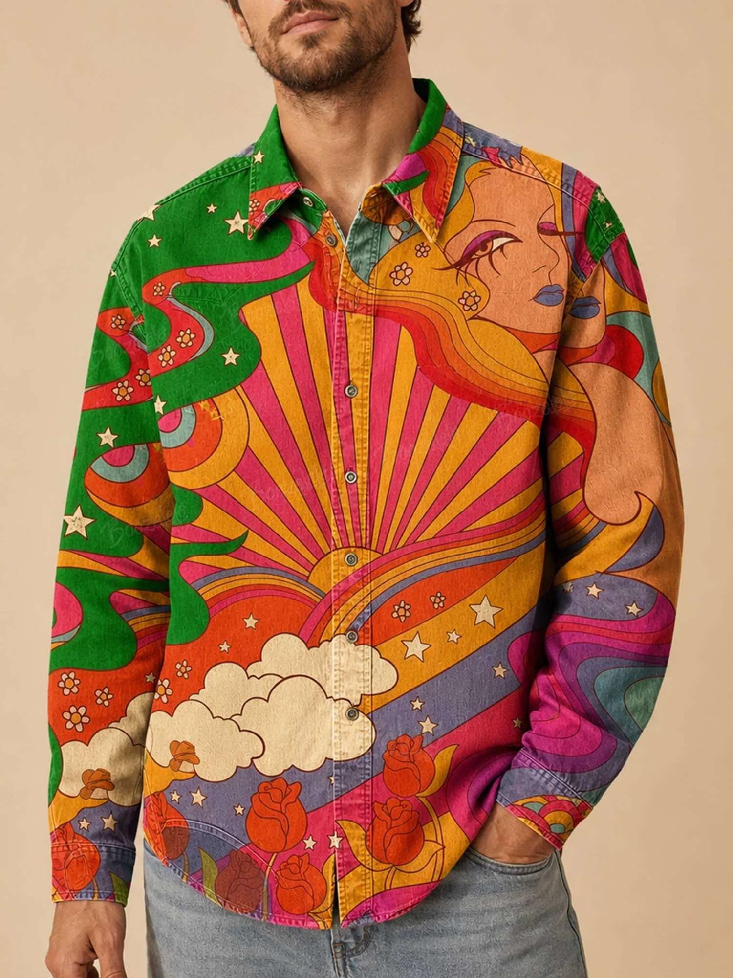 Vintage Psychedelic Hippie Art Print Casual Denim Jacket&ndash; Denim Long Sleeves Shirt