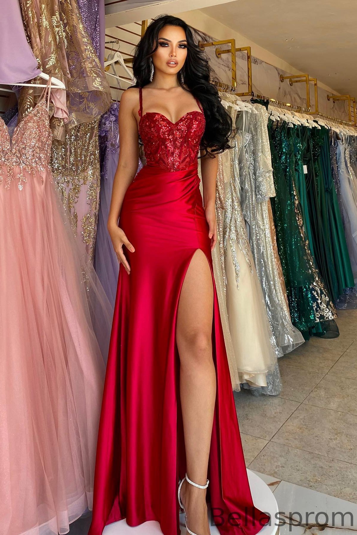 Bellasprom Red Spaghetti-Straps Sleeveless Prom Dress Mermaid Split Long With Sequins Bellasprom