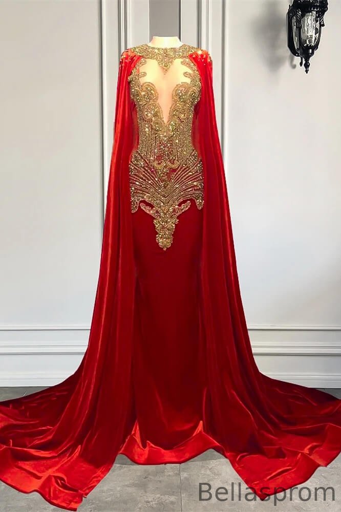 Bellasprom Red Scoop Mermaid Prom Dress With Beadings Cape Online Bellasprom