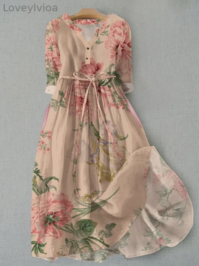 Women's Vintage Botanical Floral Print Pocket Lace-Up Dress