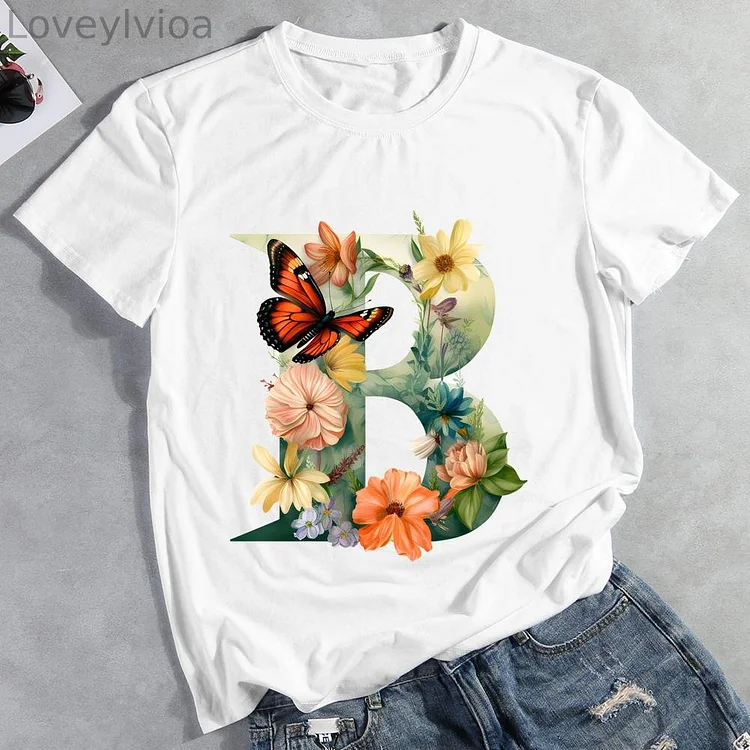 Butterfly Alphabet B Round Neck T-shirt