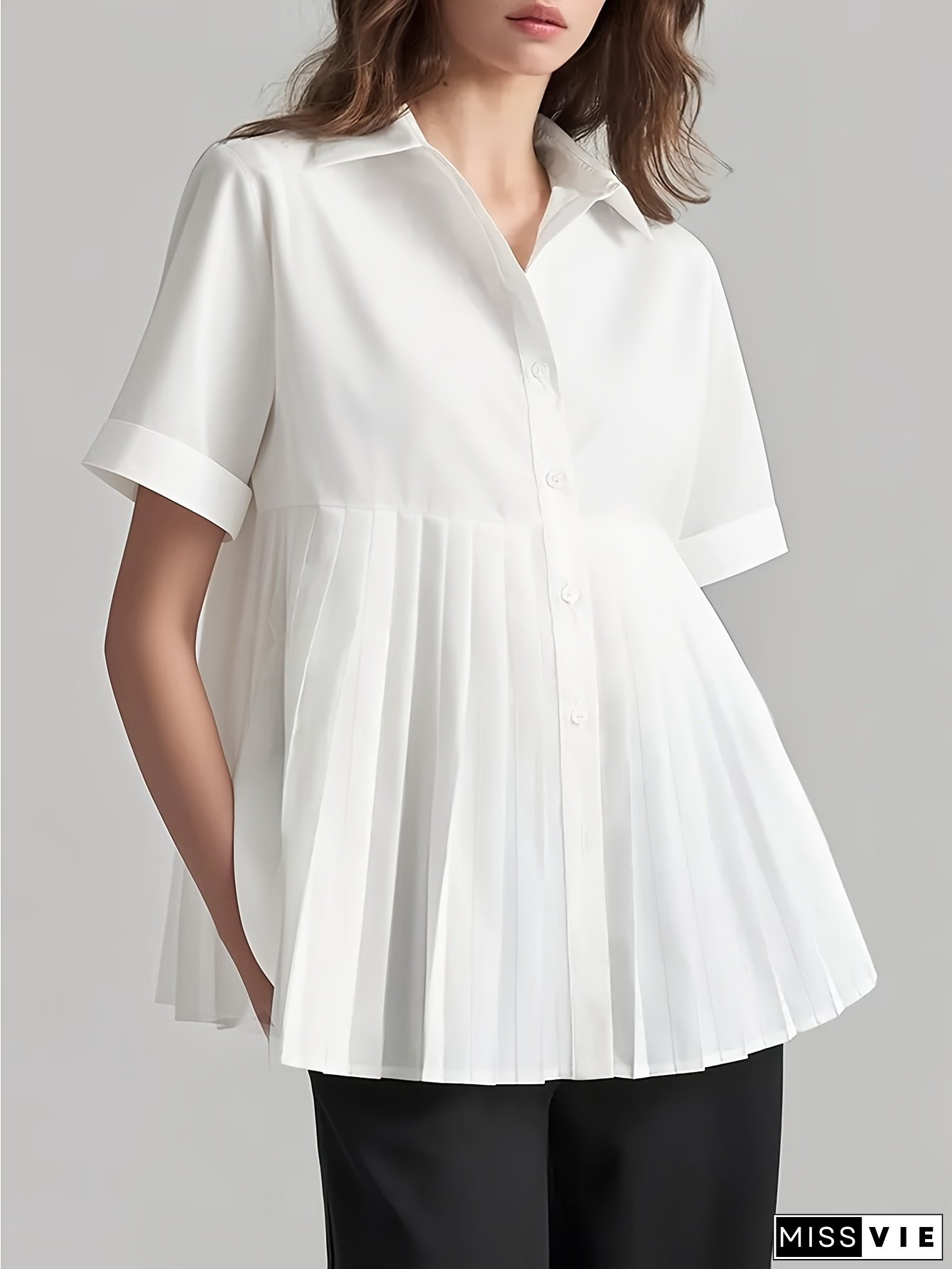Popular Choice Solid Color Pleated Front Button Short Sleeve Top, Fashionable Casual Turnover Collar Short Sleeve Shirt, Women's Clothing
