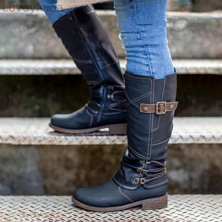 Women's Western Round Toe Square Heel Buckle Knight Boots