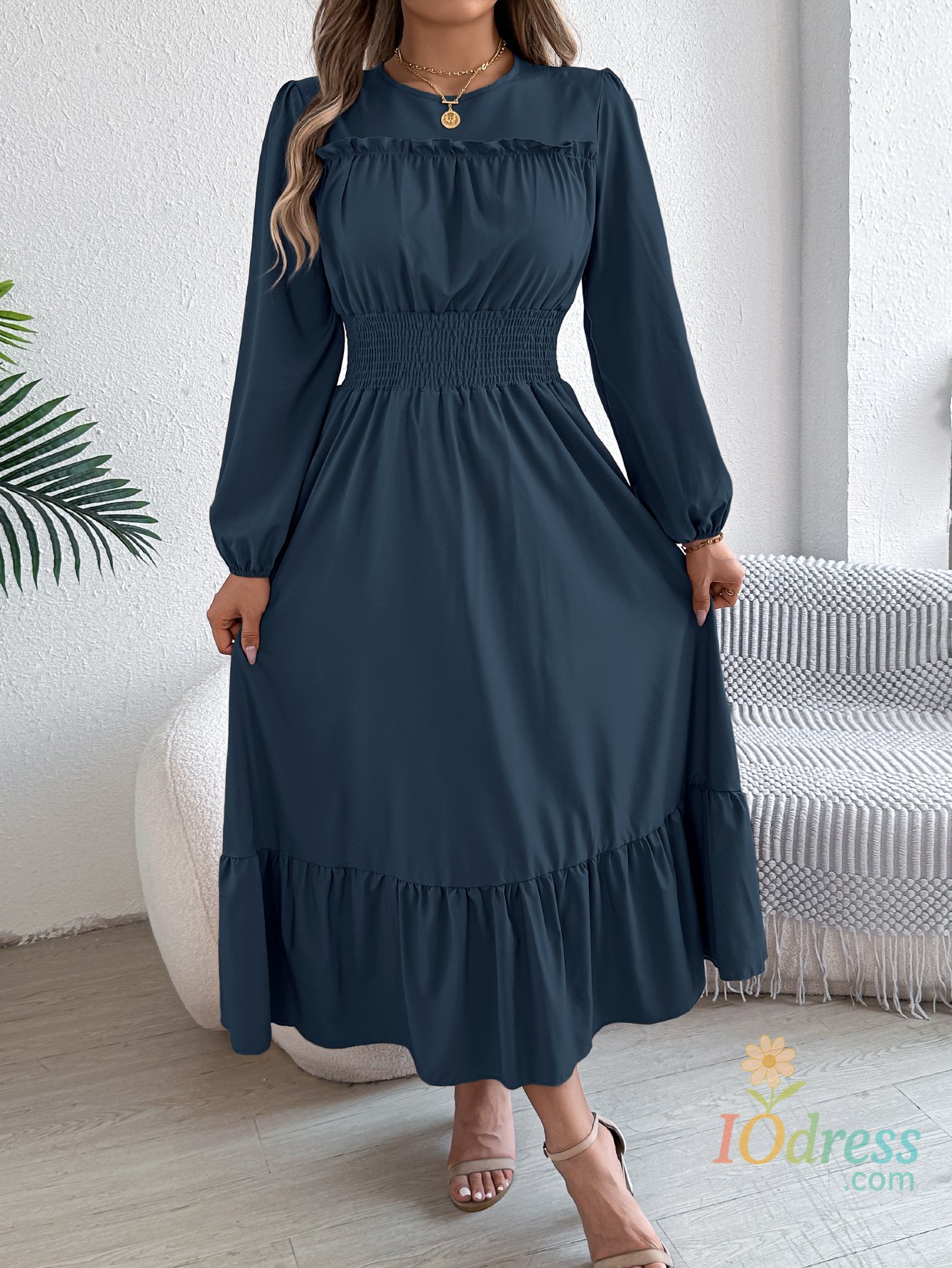 IO Dress Autumn and Winter Casual Elegant Solid Color Round Neck Long Sleeved Waist Cinched Lotus Leaf Edge Dress Women Clothing IO Dress