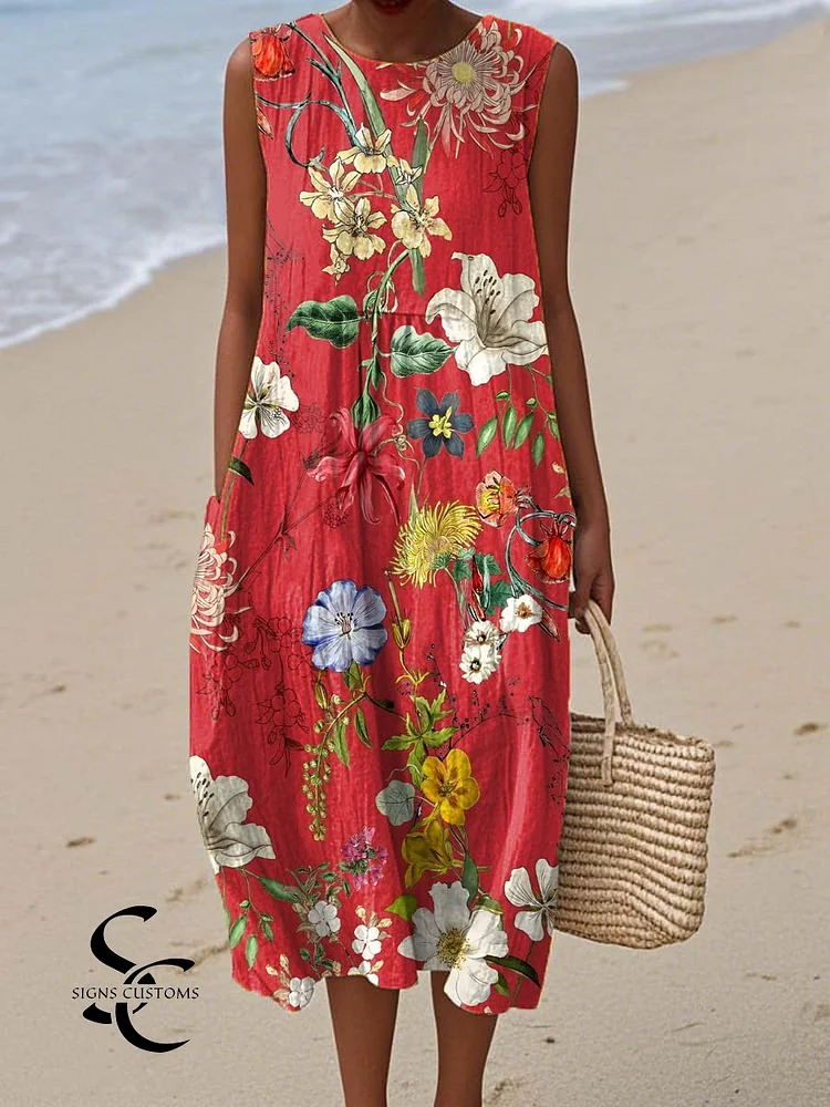 Women's Vintage Floral Art Print Sleeveless Cotton Pocket Wrap Dress