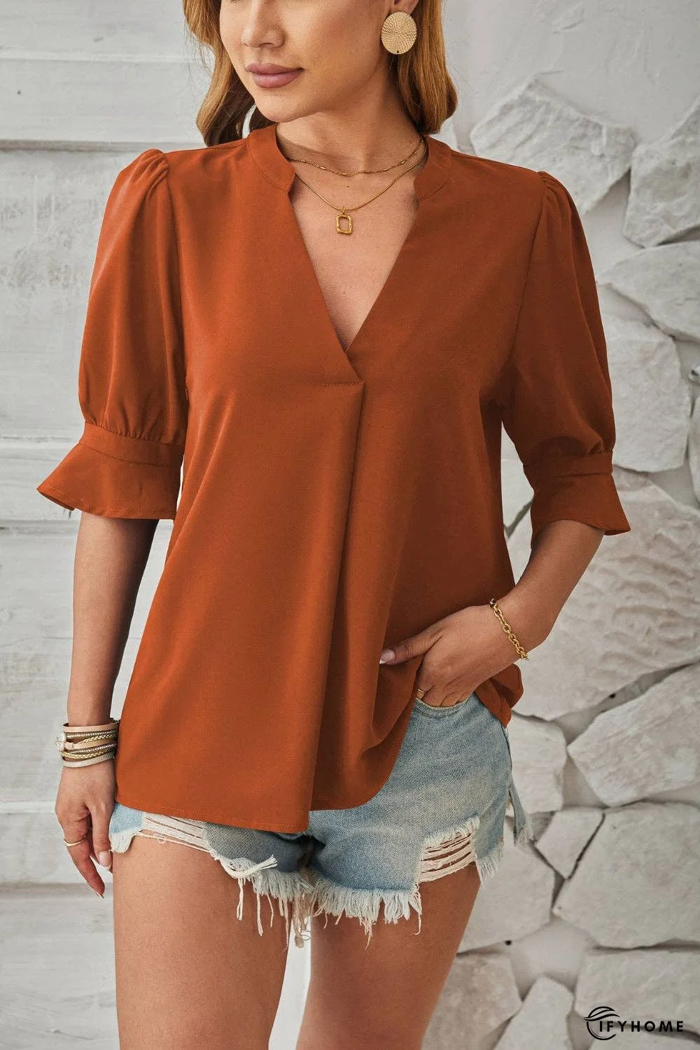 Notched Half Sleeve Blouse | IFYHOME