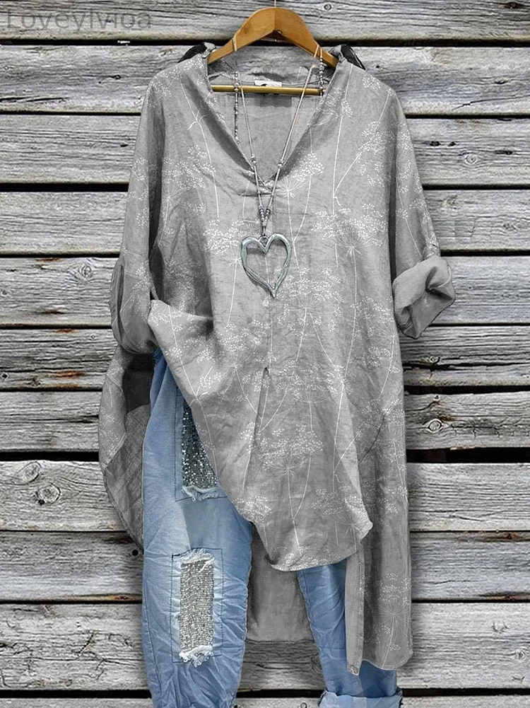 Women's Spring Dandelion Seamless Repeat Pattern Printed Casual Cotton And Linen Shirtdress