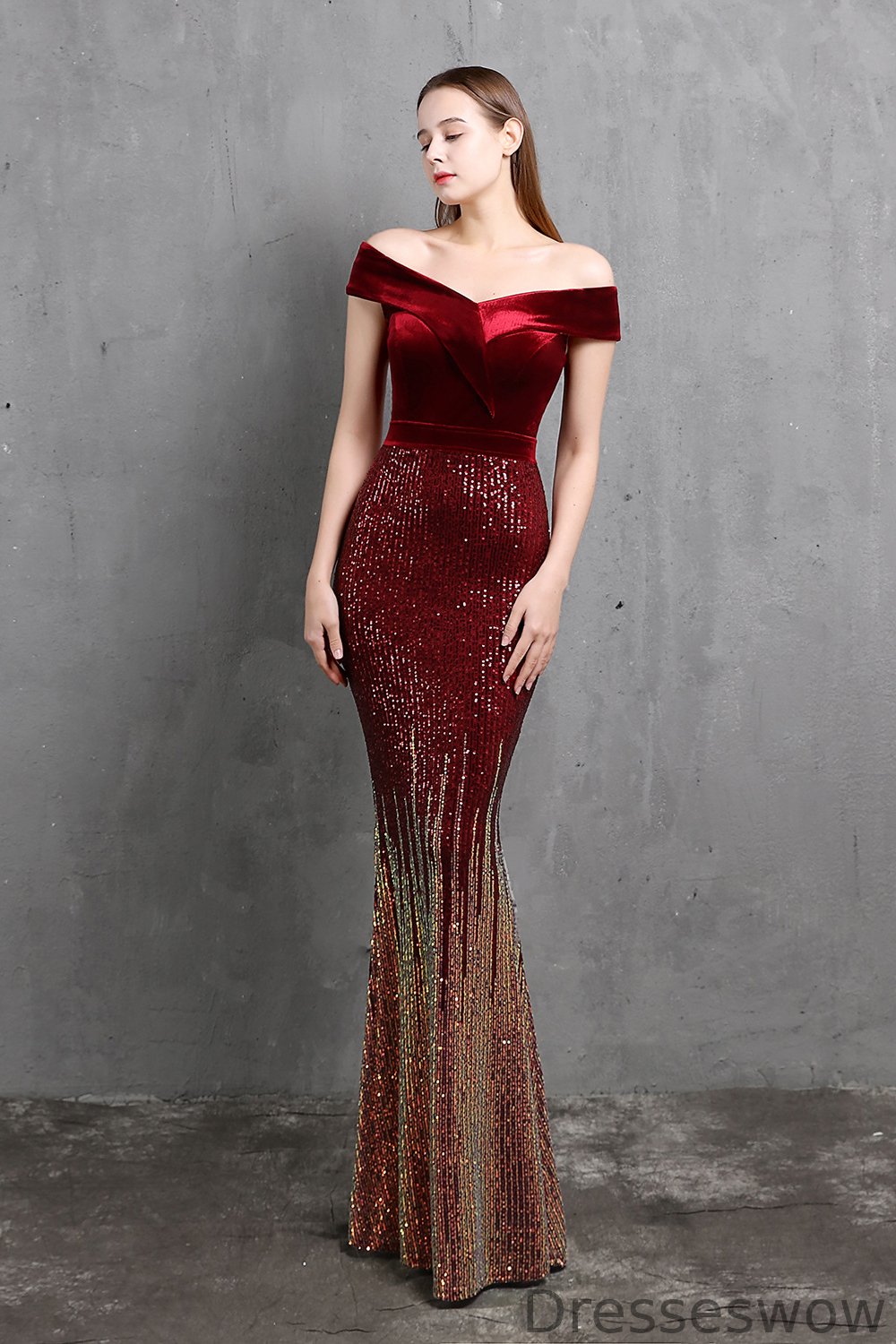 Dresseswow Off-the-Shoulder Ombre Sequins Evening Gowns Mermaid Long On Sale