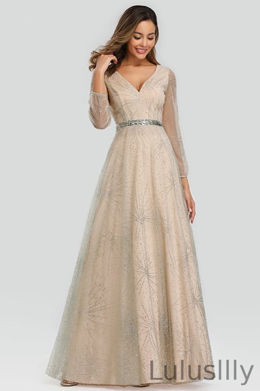 Glamorous V-Neck Long Sleeve Beadings Evening Prom Dress - lulusllly
