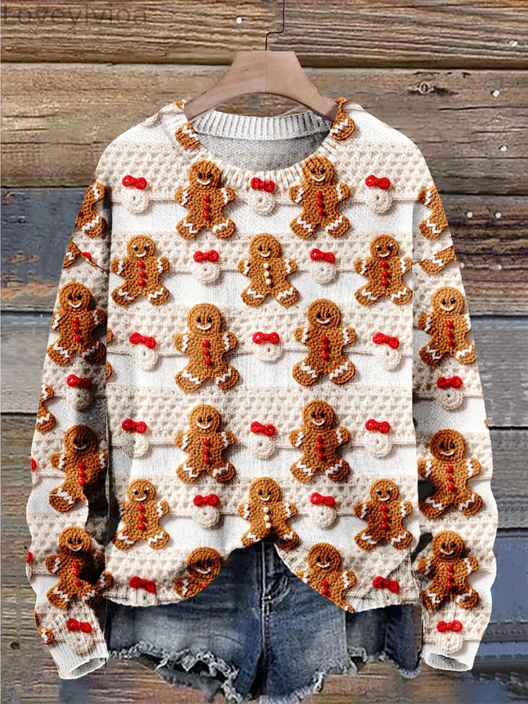Imitation Embroidery Cookies Christmas Art Print Knit Pullover Sweater
