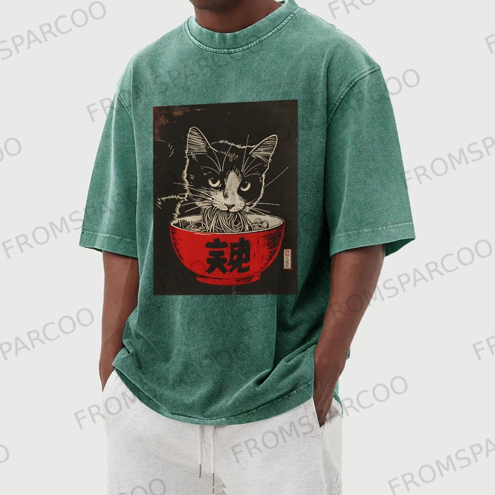 Eating Ramen Cat Washed Vintage Short Sleeves T-Shirt