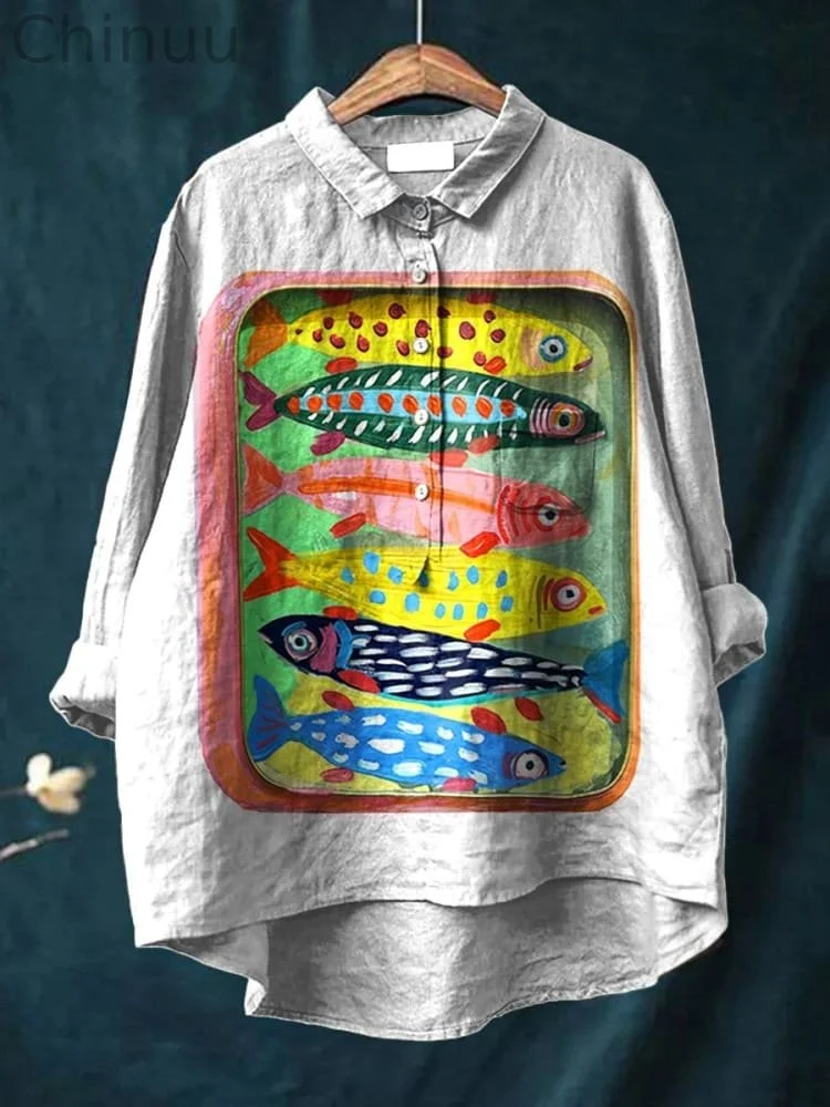 Women's  Fish   Art Print Casual Cotton And Linen Shirt