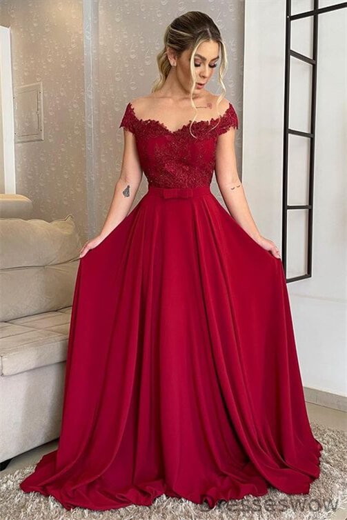 Dresseswow Off-the-Shoulder Long Prom Dress A-Line With Lace Appliques