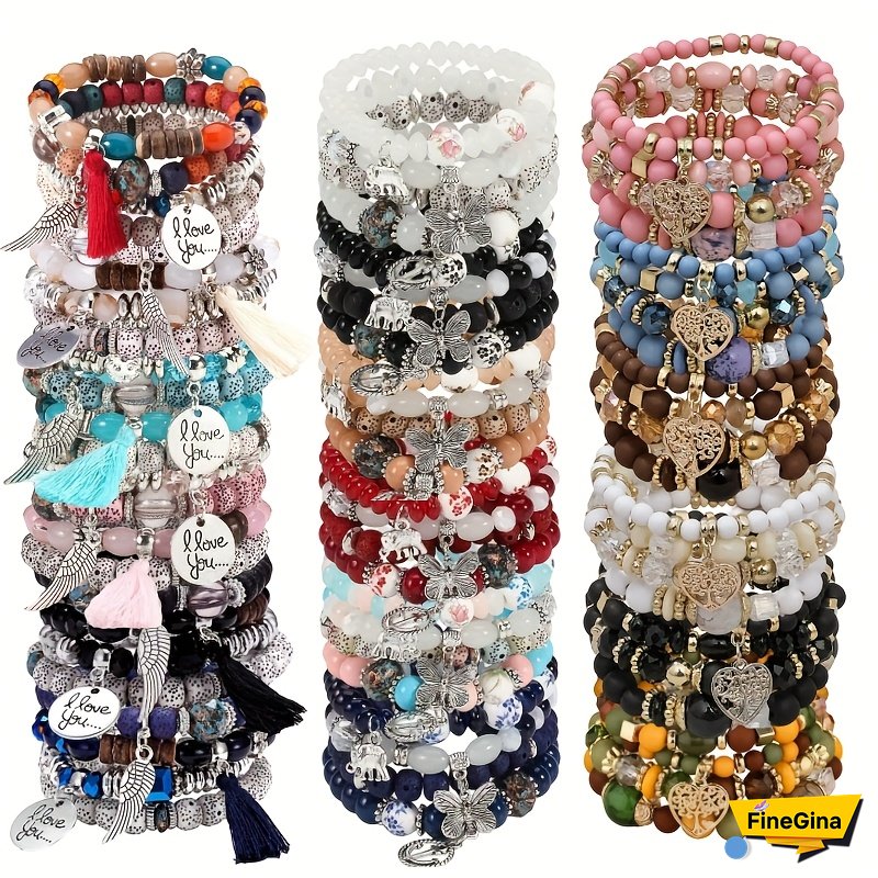 24pcs(6Set) Bohemian Style Tassel Multi-Layer Wooden Bead Elastic Bracelet - Butterfly Elephant Tree Pendant Handmade Unisex Bangle Colorful Wristband Creative Party Gift & Daily Wear, Mother‘s Day Gift Halloween Christmaschristmas