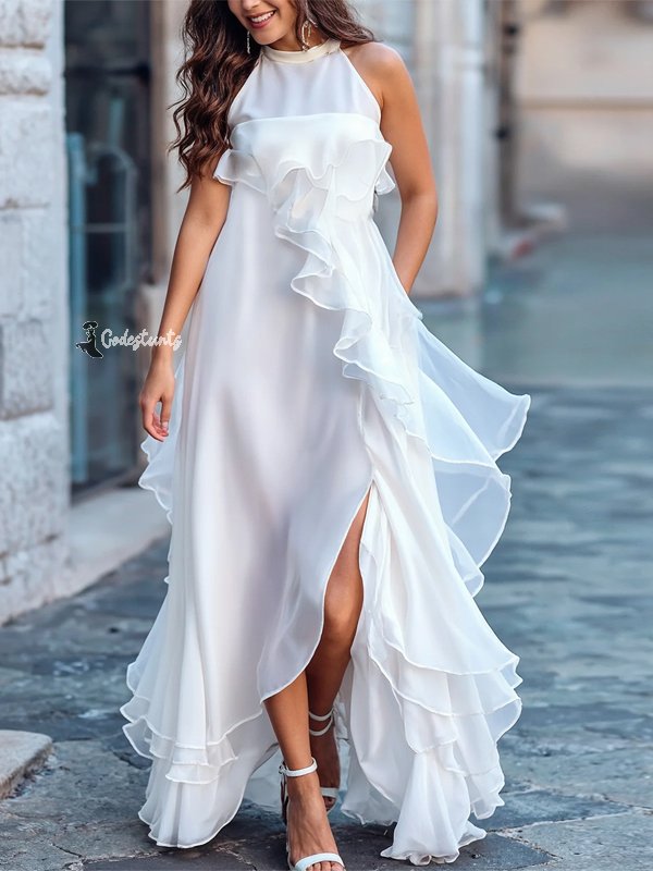 White Side Slit Halter Midi Dress