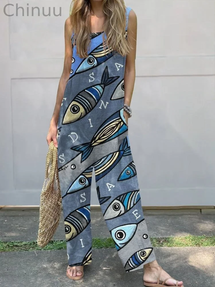 Women's  Retro Fish  Art  Print Casual 100% Cotton Wide Leg Jumpsuit