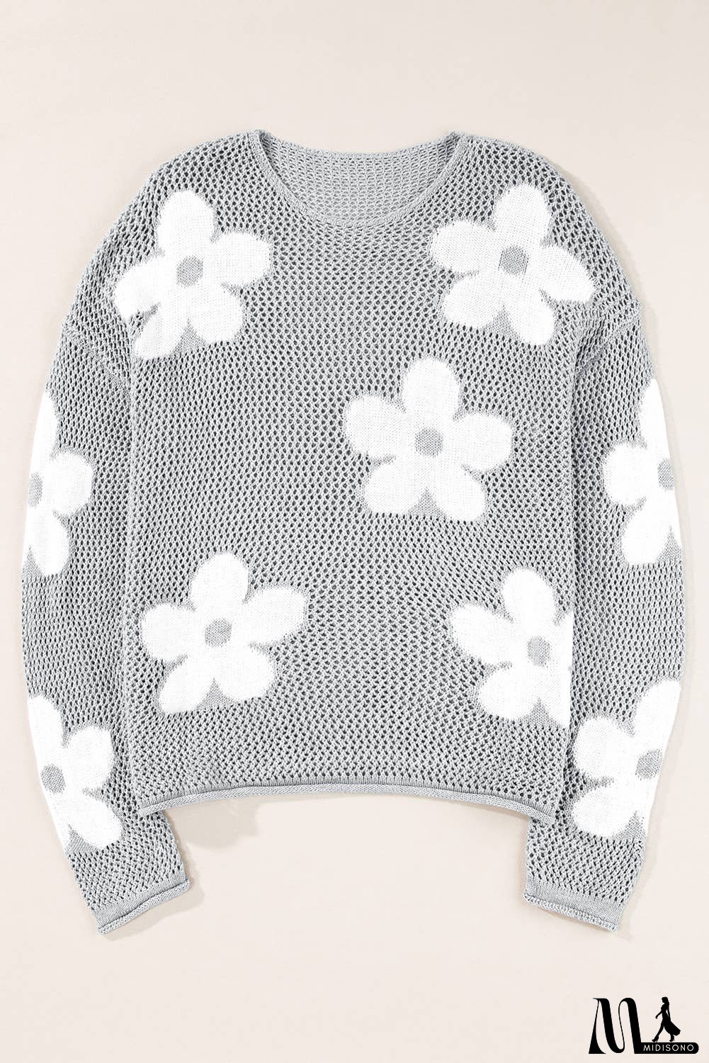 Big Flower Hollowed Knit Drop Shoulder Sweater