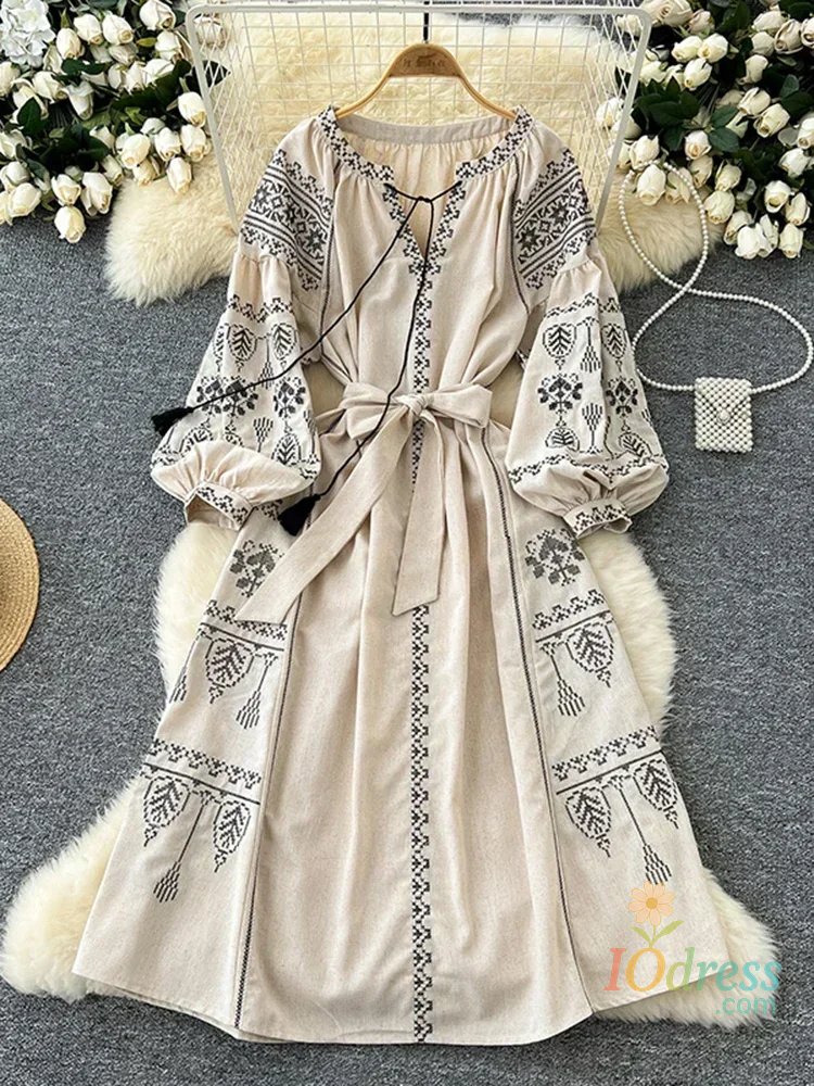 IO Dress Women's Spring Autumn Embroidered Lace Up Lantern Sleeves Waist Cinching Long Dress Bohemian Retro Ethnic Style Dress  A155