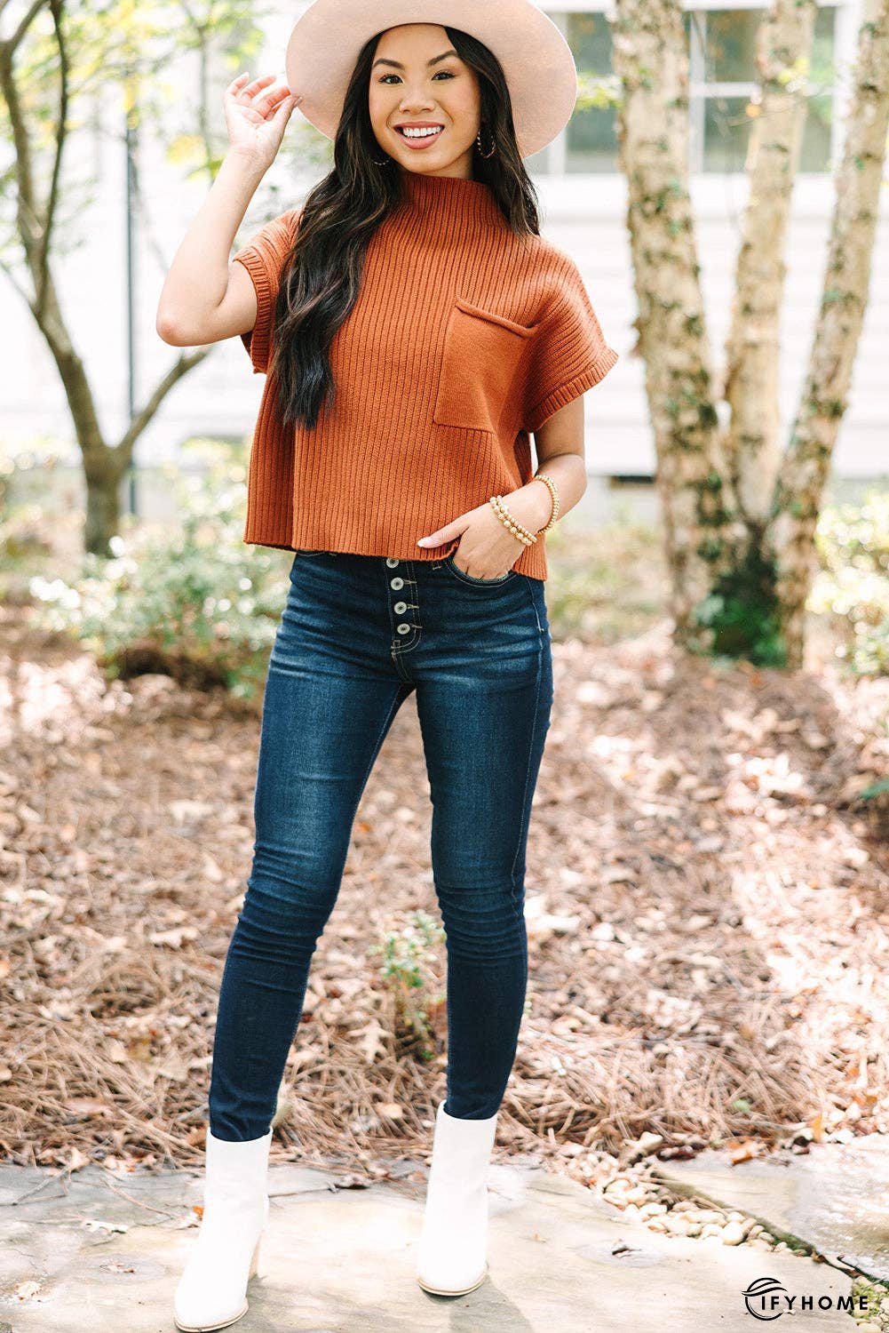 Oatmeal Patch Pocket Ribbed Knit Short Sleeve Sweater | IFYHOME