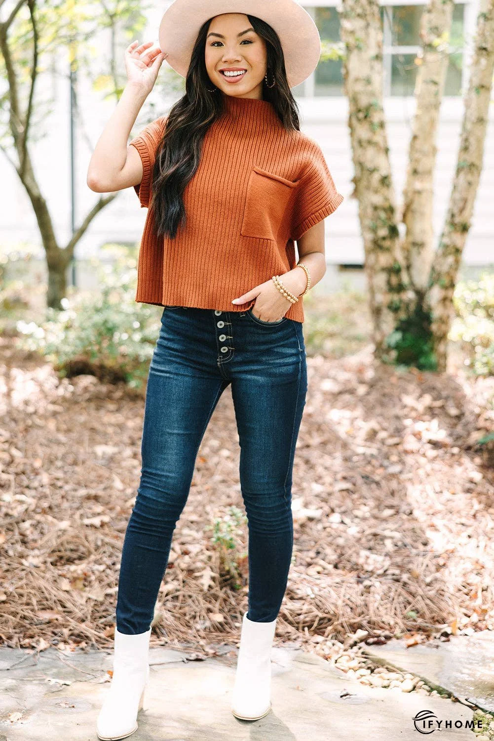 Oatmeal Patch Pocket Ribbed Knit Short Sleeve Sweater | IFYHOME