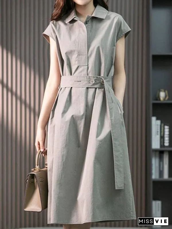 Plus Size Short Sleeves Bandage Solid Color Lapel Midi Dresses