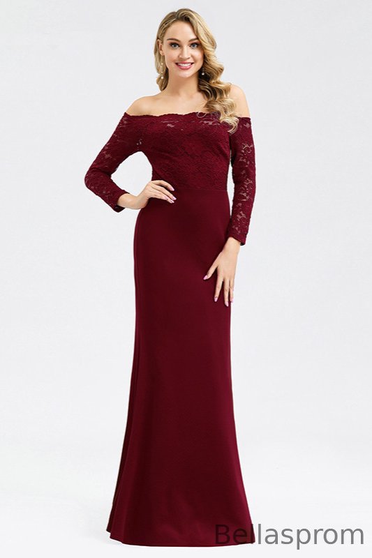 Bellasprom Burgundy Evening Gowns Mermaid Lace Long Sleeves Prom Dress Off-the-Shoulder Bellasprom