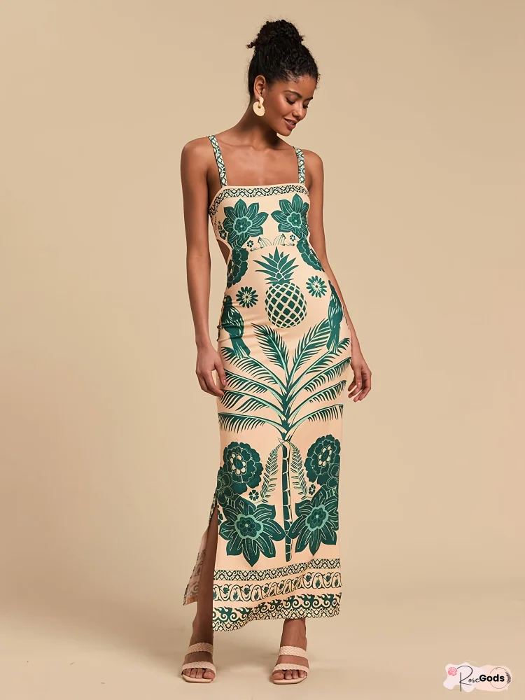 Women's Tropical Print Sleeveless Maxi Dress - Off-Shoulder Backless Boho Beach Dress With Vibrant Leaf & Pineapple Design, Lightweight Breathable Fabric For Summer Vacation, Travel & Casual Outings, Beach Clothes, Vacation Outfit
