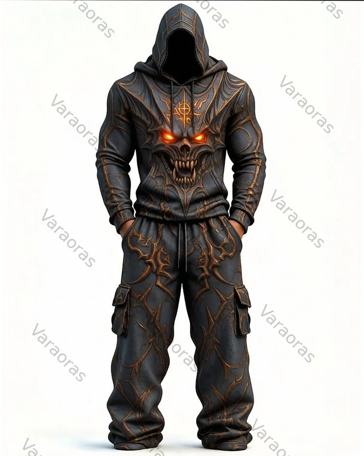 Men's Fashion Viking Dragon Embroidered Hoodie & Pants Two-Piece Set 3646