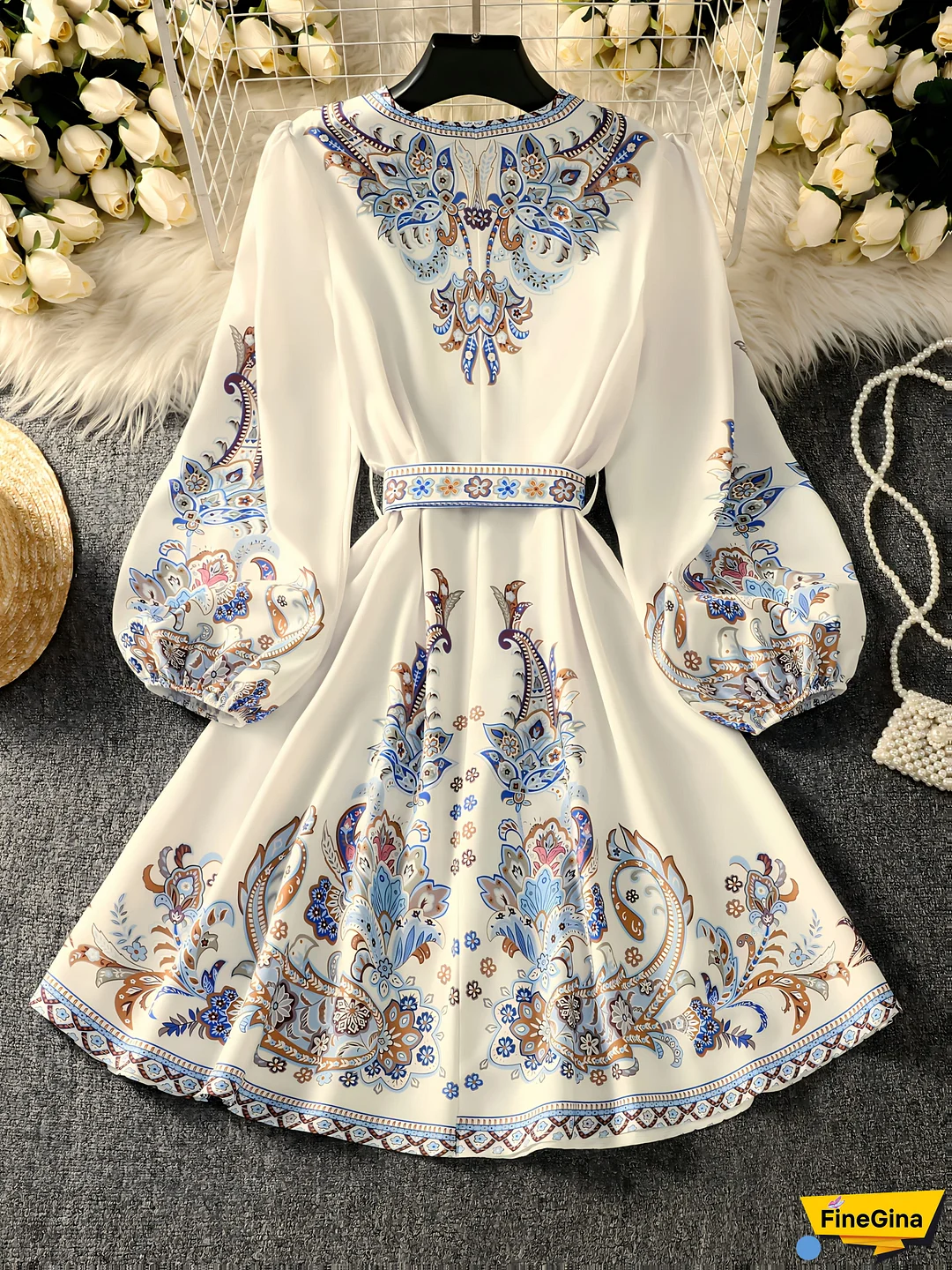 Women's Bohemian V-Neck Mini Dress with Lantern Sleeves - Black Floral Print, Fitted Bodice & Flared Skirt, Button-Up Front, Perfect for Spring & Summer, Casual to Formal Wear, Casual Dressing | Bohemian Style | Polyester Fabric