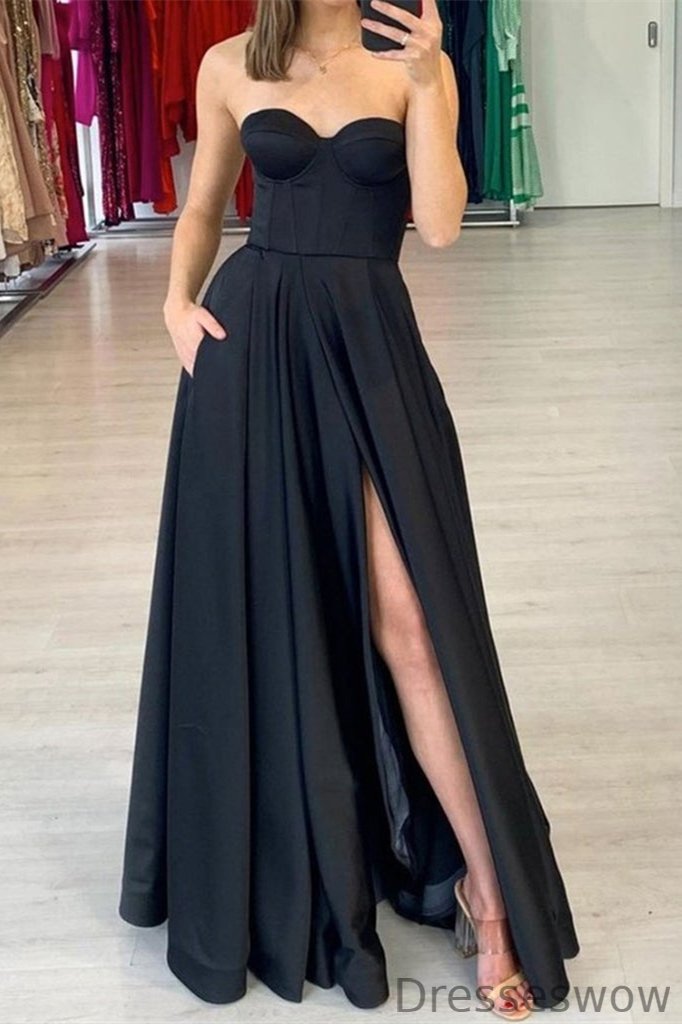 Dresseswow Black Sweetheart Long Prom Dress Split With Pockets