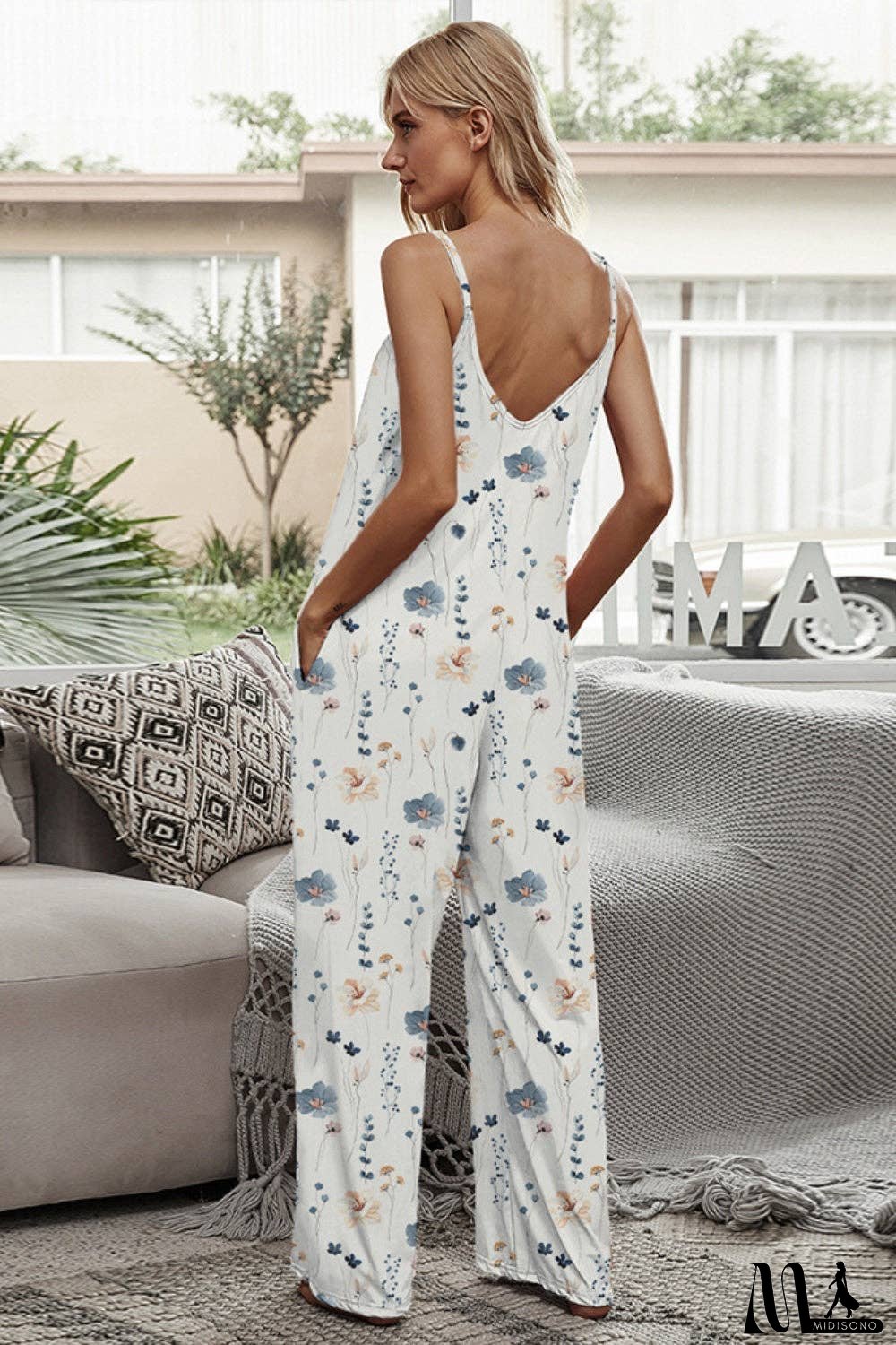 Printed Spaghetti Strap Jumpsuit - Pocketed Feature
