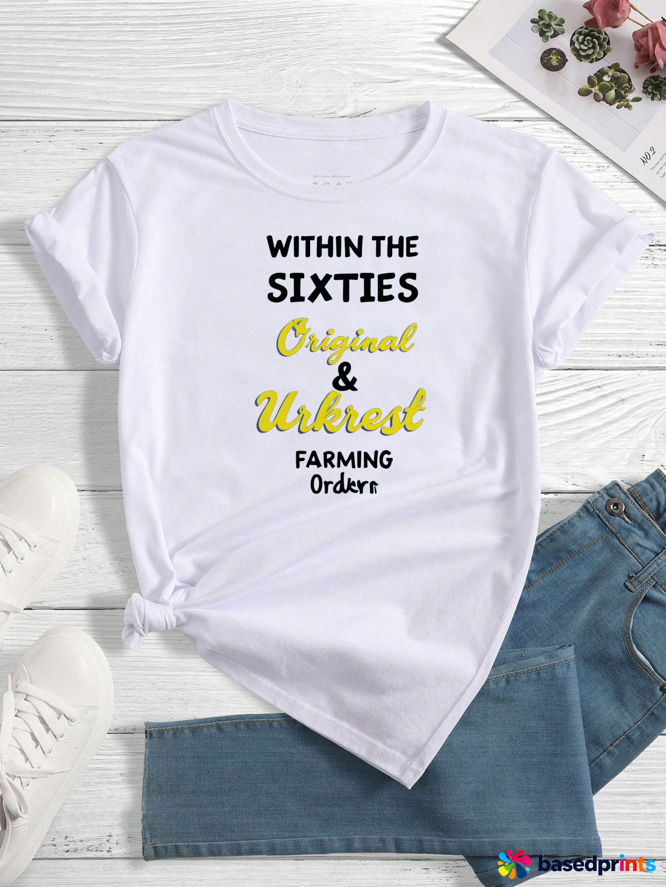 White T-Shirt with Yellow and Black Text