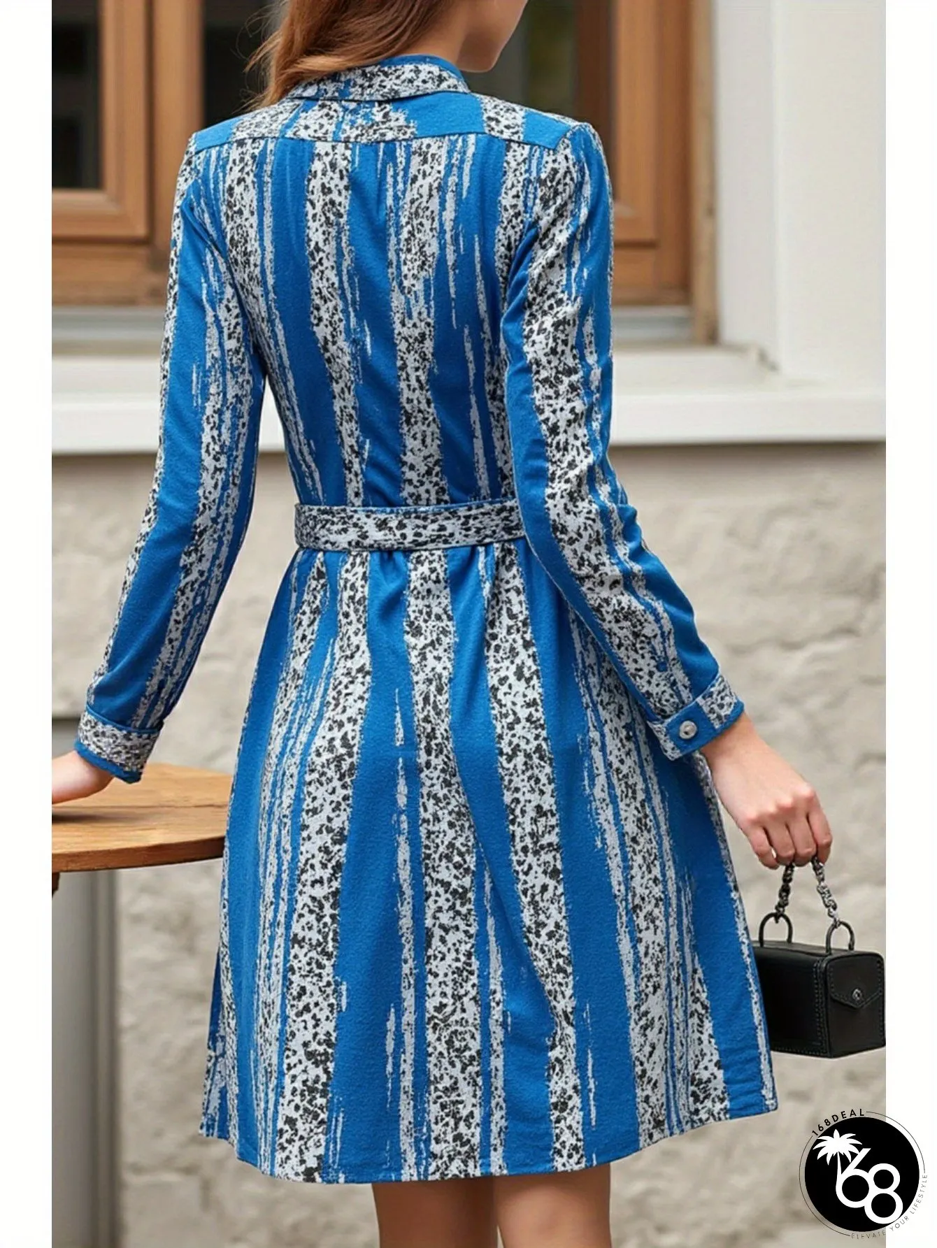 Womens Elegant Blue Striped Shirt Dress With Belt Long Sleeve Button-Front Closure A-Line | 168DEAL