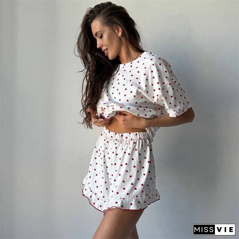 Leaf Print Hem Short Sleeve Pajama Set