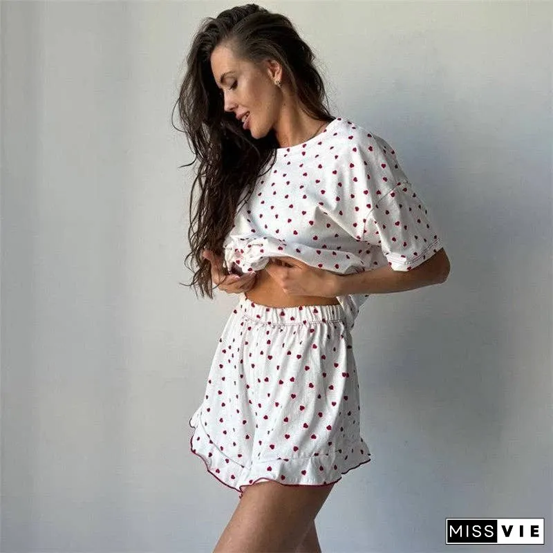 Leaf Print Hem Short Sleeve Pajama Set