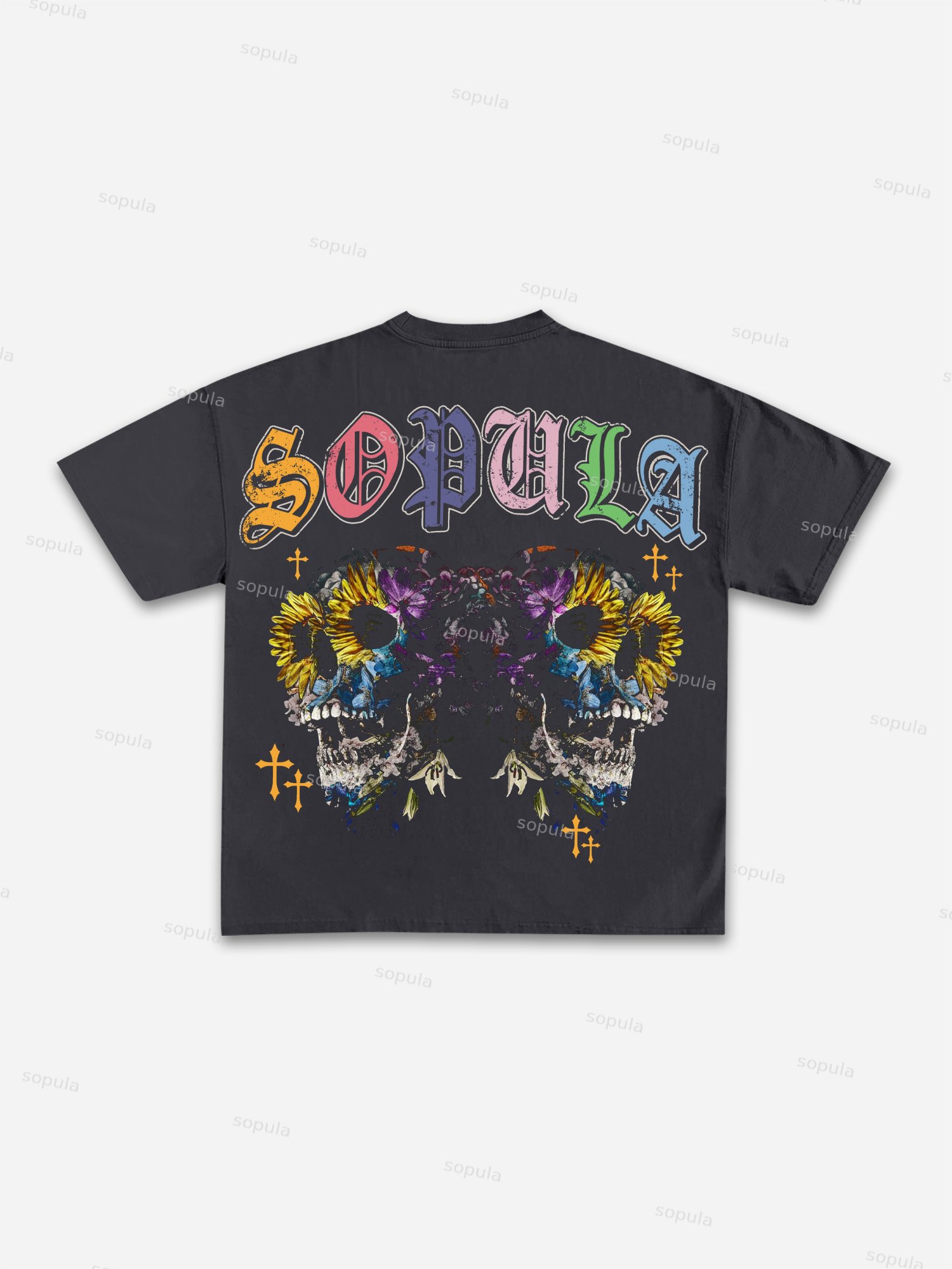 Colorful Gothic Skull Botanical Vintage Graphic Cotton T-shirt