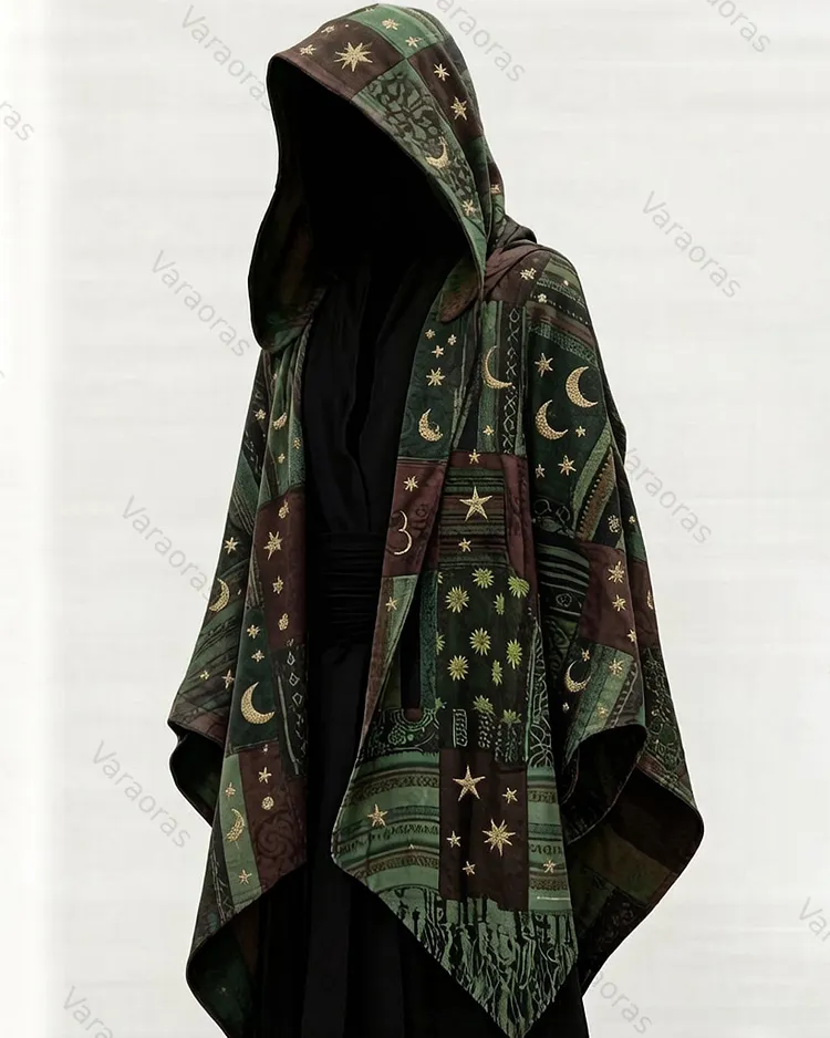 Men's Summer Fashion Hippie Style Star and Moon Embroidered Linen Cardigan Hooded Cape  4800