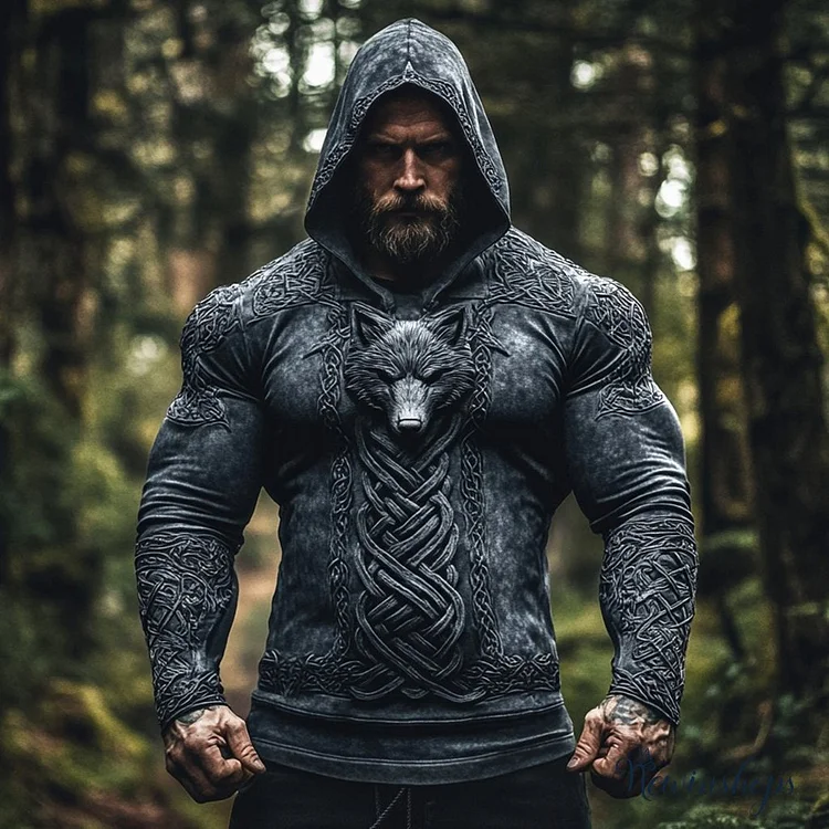 Men's Vintage Viking Wolf Art Cotton Blend Hoodie