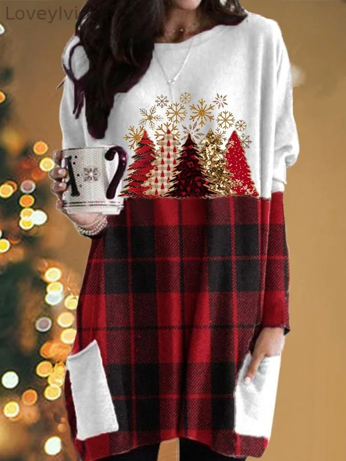 Women's   Christmas TreePrinted Casual Pocket Long Sleeve T-Shirt