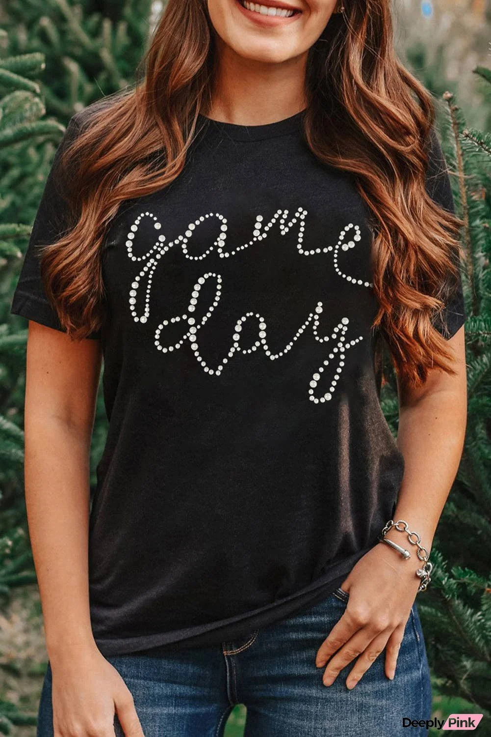 Black Game Day Letter Rhinestone Print Graphic Tee