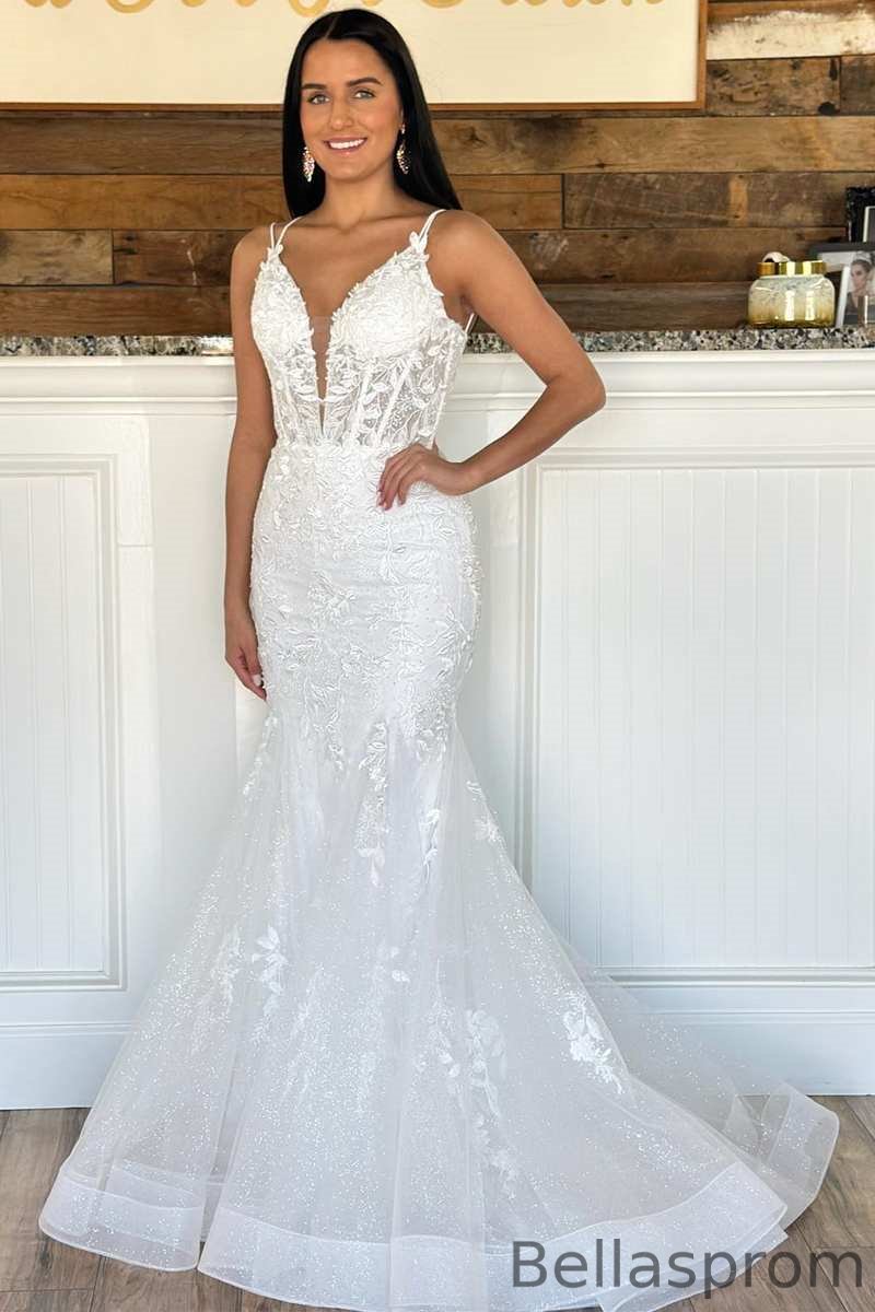 Bellasprom White Spaghetti-Straps V-Neck Sleeveless Mermaid Prom Dress With Appliques Bellasprom