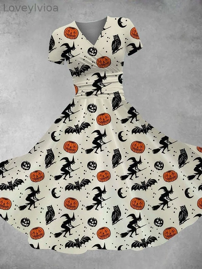 Halloween V-neck Witch Pumpkin Bat Owl Print Dress