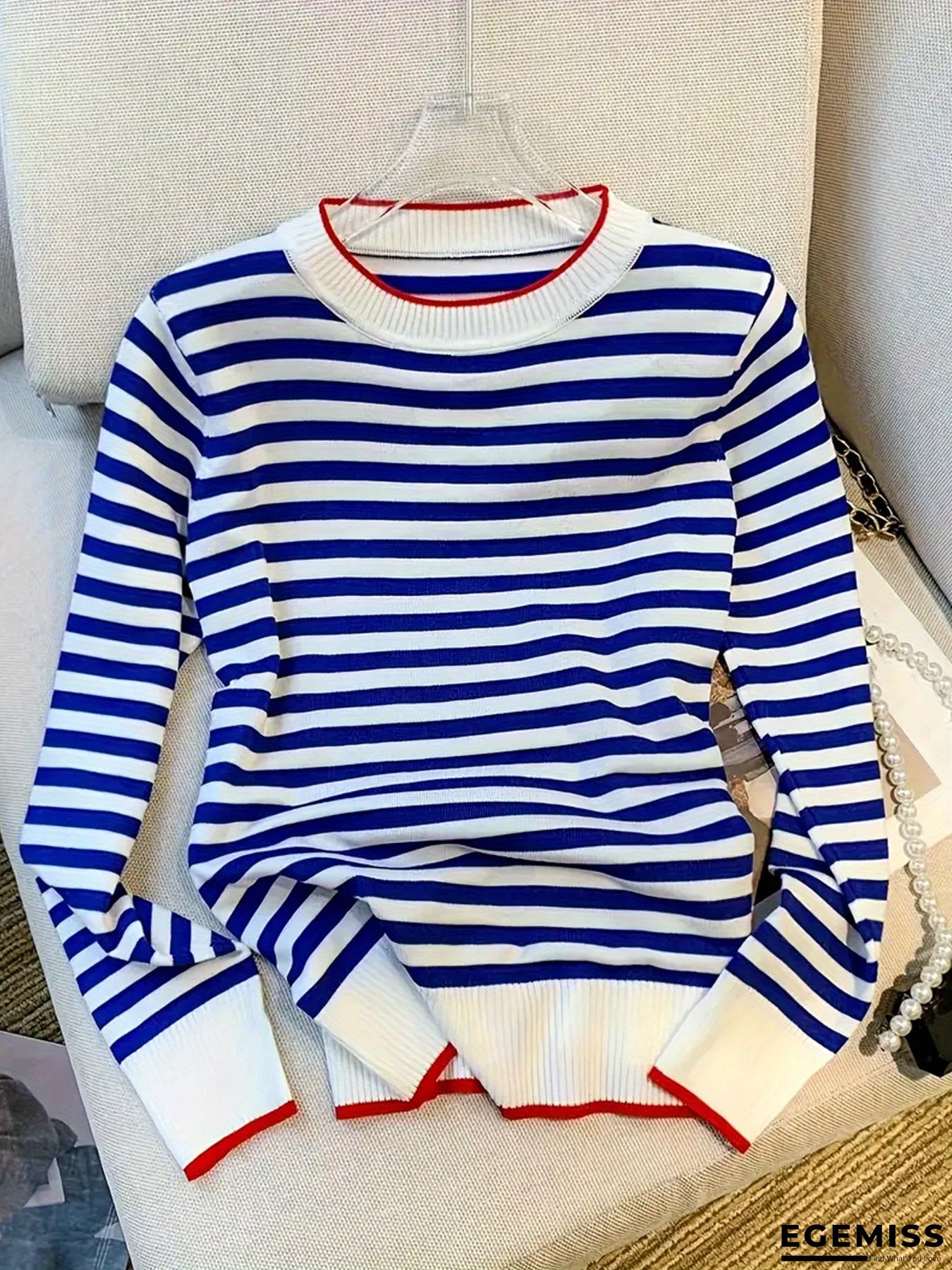 Women's Casual Striped Pullover Sweater - Long Sleeve, Round Neck, High Stretch, Color Block Design, White & Blue Vertical Stripes, Soft & Comfortable for Casual Attire, Comfortable Clothing | Round Neck Sweater | Stretchy Knitwear | EGEMISS