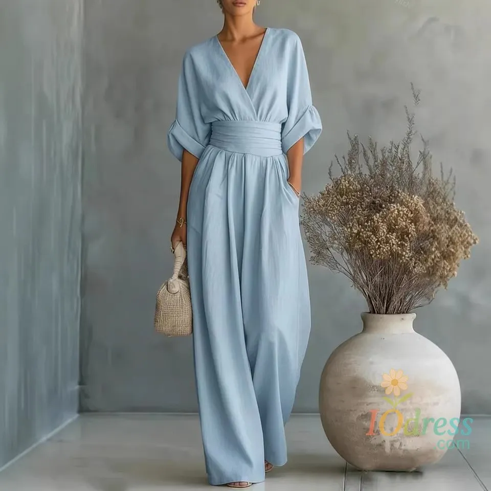 IO dress Elegant Solid High Waist Rompers Casual Wide Leg Pants Pocket Overalls Vacation Outfit 2026 Spring Deep V Neck Women's Jumpsuits IO Dress