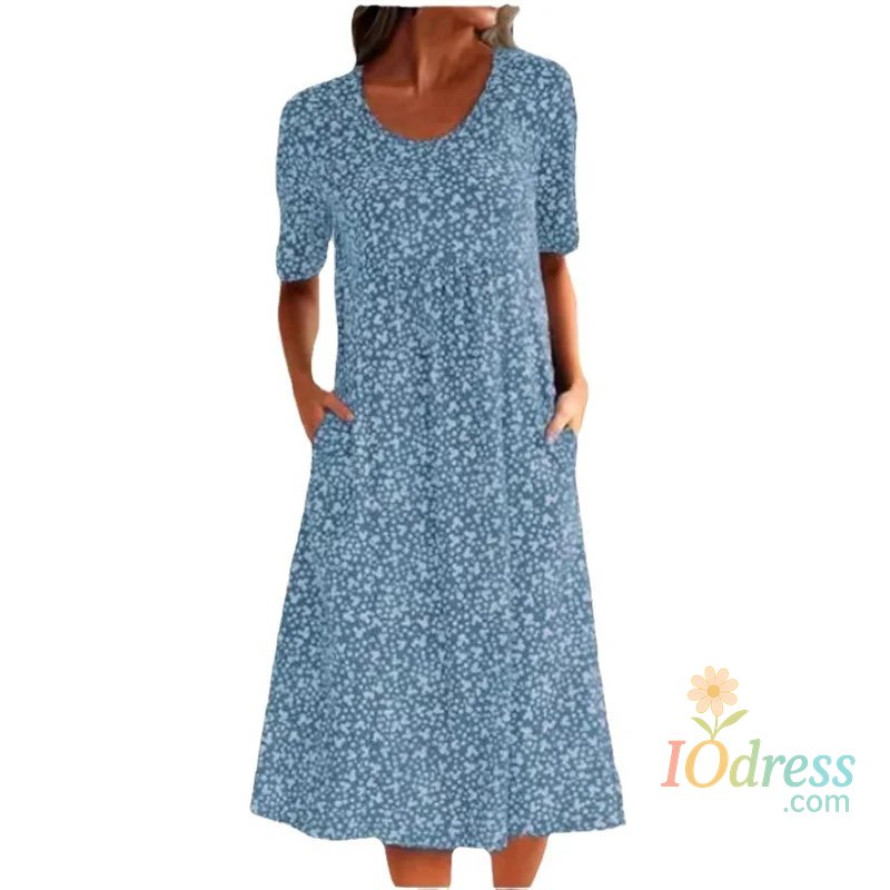 IO Dress Women Sweet Style Small Flower High Waist Dresses O Neck Pullover Double Side Pockets Dress Elegant Female Commuter Casual Gown