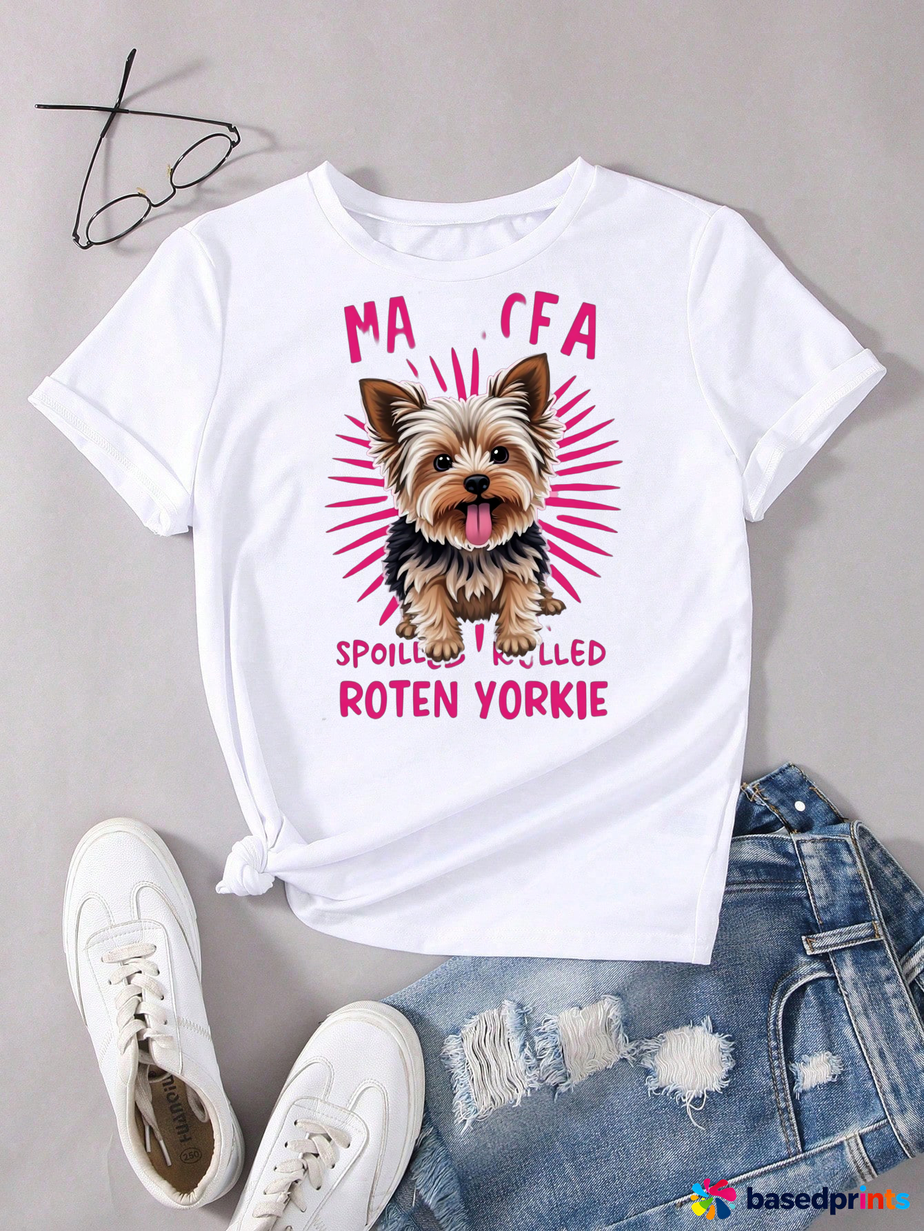 White Short Sleeve T-Shirt with Yorkie Dog Print