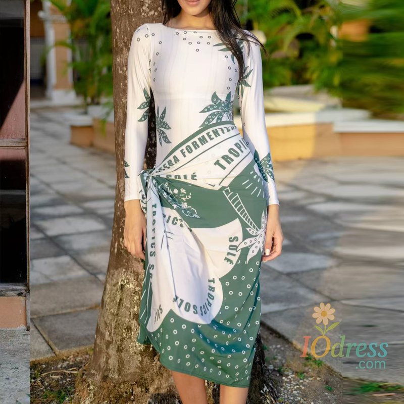 IO Dress 2025 New Pattern Printed Bathing Bikini Dresses Casual O Neck Long Sleeved Slim Fit Beachwear Summer Bohemian Lace Up Swimsuit IO Dress